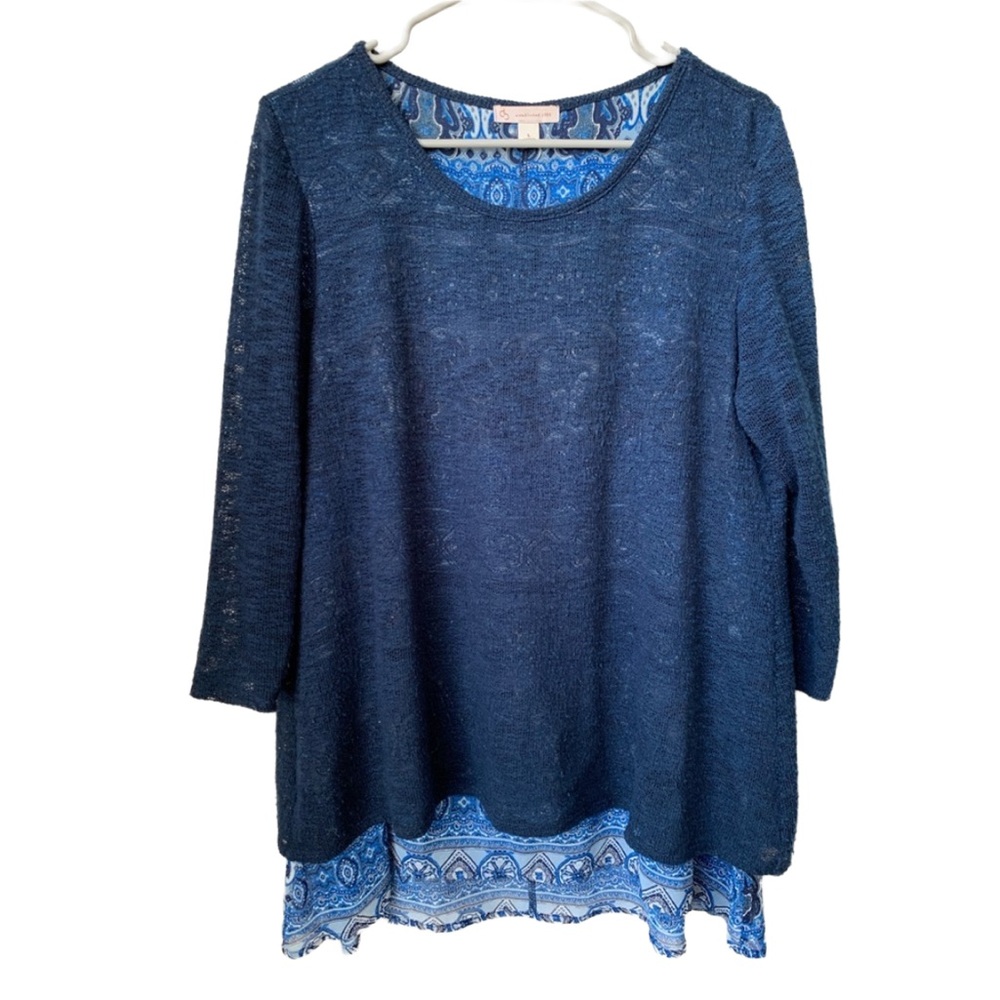 WESTPORT Women’s Navy Blue Overlay Sweater 3/4 Sheer Sleeve Sweater